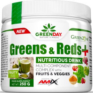 Комплекс экстрактов фруктов, овощей, витаминов и пребиотиков, Amix, GreenDay Greens & Reds - 250 г 