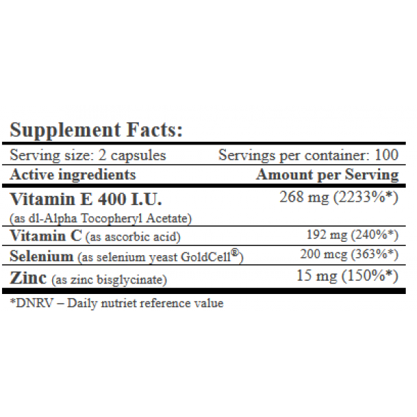 Комплекс антиоксидантів (Вітаміни С, Е, Селен. Цинк), Amix, GreenDay Vitamin E400 I.U. LIFE+ - 200 капс