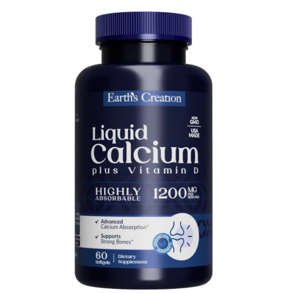 Кальцій з  вітаміном Д3, Earths Creation, Liquid Calcium 1200 Plus Vitamin D3 - 60 гель капс