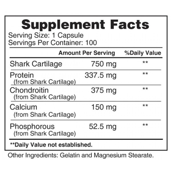 Акулій хрящ (природне джерело хондроїтину), Earths Creation, Shark Cartilage 750 мг - 100 капс