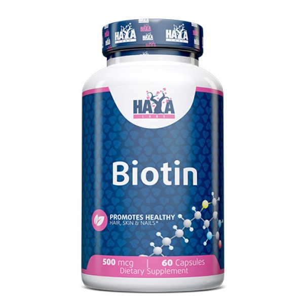 Биотин (Витамин В7) 500 мкг, Haya Labs, Biotin 500 мкг - 60 капс