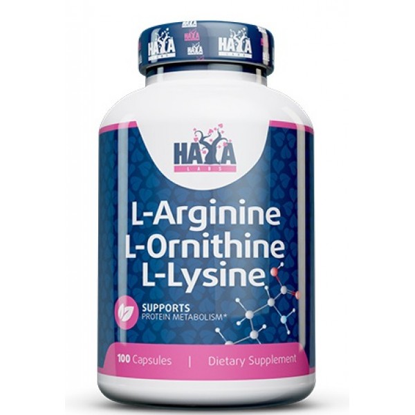 Амінокислоти Аргінін, Орнітин, Лізин, Haya Labs, L-Arginine/L-Ornithine/L-Lysine - 100 капс