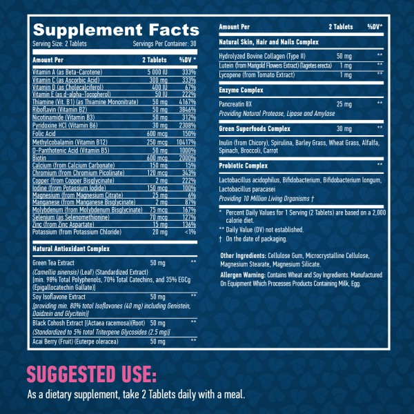 Высококонцентрированные женские витамины с пищеварительными энзимами, пробиотиками и коллагеном, HAYA LABS, Food Based Women's Multi - 60 таб
