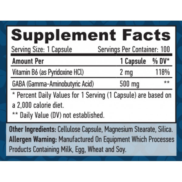 Гамма-аміномасляна кислота + Вітамін В6, Haya Labs, Gaba + B6 500 мг - 100 веган капс
