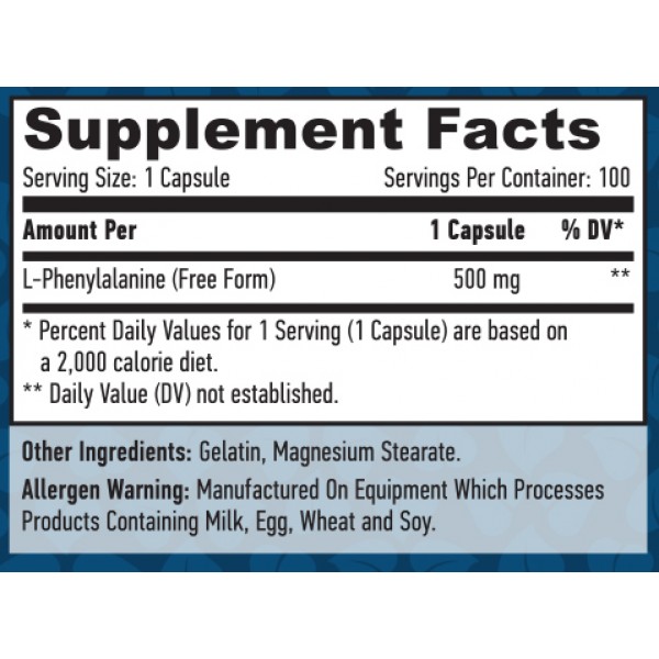Незаменимая аминокислота L-Фенилаланин, Haya Labs, L-Phenylalanine 500 мг- 100 капс