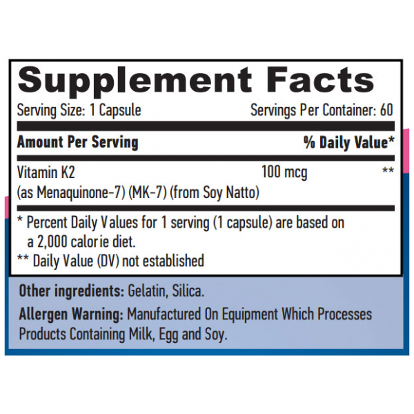 Вітамін К2 (біоактивна форма MK-7), Haya Labs, Vitamin K2-Mk7 100 мкг - 60 капс