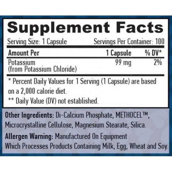 Калій хлорид (поступове вивільнення), Haya Labs, Sustained Release Potassium 99 мг - 100 веган капс