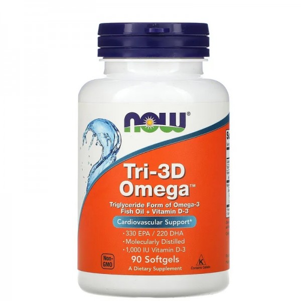 Омега-3 (330 ЕПК / 220 ДГК) + Д3, NOW, Tri-3D Omega-3 - 90 гель капс