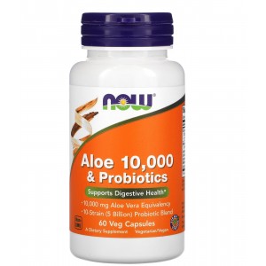 Алоэ вера с пробиотиками, NOW, Aloe 10000 & Probiotics NOW - 60 веган капс