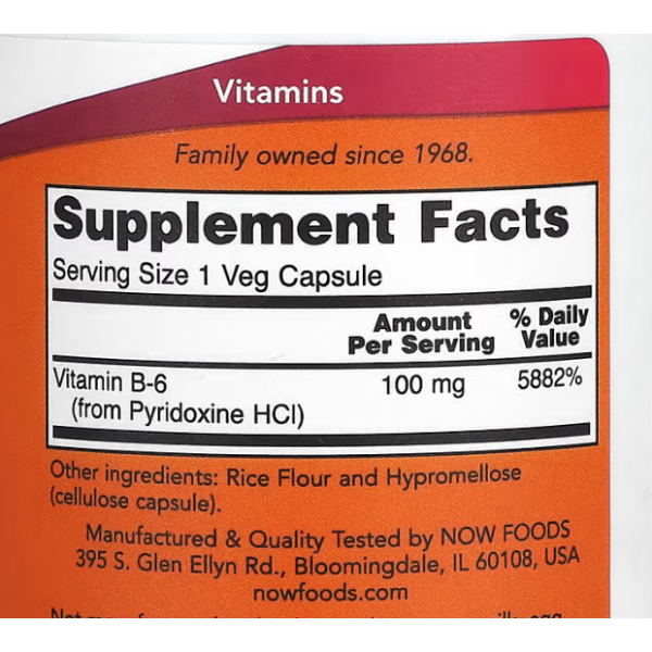  Витамин B6 (в виде гидрохлорида пиридоксина), NOW, B-6 100 мг - 100 веган капс