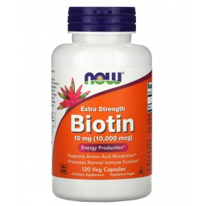Биотин (Витамин В7) повышенной концентрации, NOW, BIOTIN 10MG 10,000 мкг - 120 веган капс