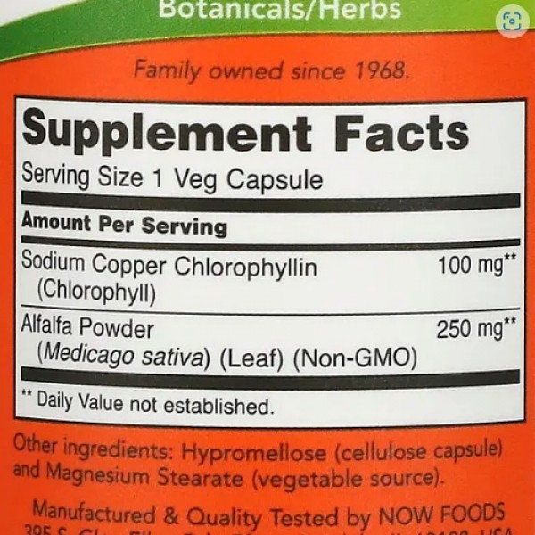 Хлорофіл + порошок із листя Люцерни, NOW, Chlorophyll 100 мг - 90 капс