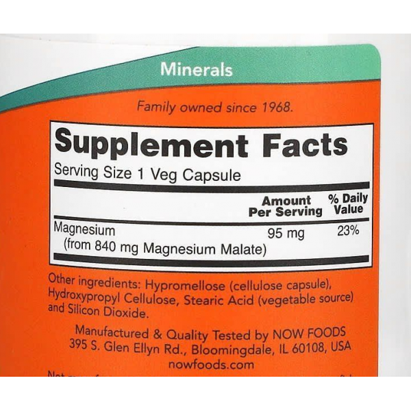 Магний Малат 840 мг, NOW, Magnesium Malate 840 мг - 180 веган капс