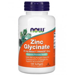 Цинк (Бісгліцинат) + Масло з насіння гарбуза, NOW, Zinc Glycinate 30 мг - 120 гель капс