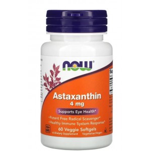 Астаксантин 4 мг (здоровье глаз), NOW, Astaxanthin 4 мг - 60 гель капс