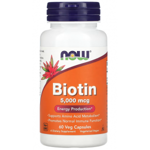 Биотин (Витамин В7), NOW BIOTIN 5000 мкг 60 веган капс