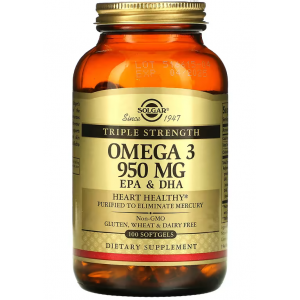 Тройная концентрация Омега-3 (88% ЭПК/ДГК), Solgar, Omega-3 950 мг - 100 гель капс