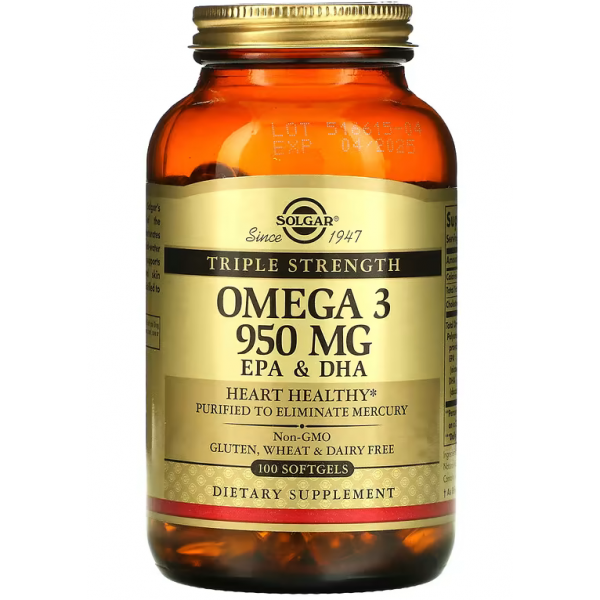 Тройная концентрация Омега-3 (88% ЭПК/ДГК), Solgar, Omega-3 950 мг - 100 гель капс