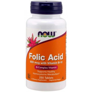 Фолиевая кислота + Витамин В12, NOW, Folic Acid & B12 800 мкг - 250 таб