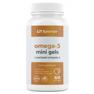Рыбий жир Омега 3 + Витамин Е (180 ЕПК / 120 ДГК), Sporter, Omega 3 mini gels plus Vit E - 60 гель капс