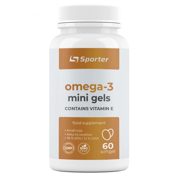 Риб`ячий жир Омега 3 + Вітамін Е (180 ЕПК / 120 ДГК) , Sporter, Omega 3 mini gels plus Vit E - 60 гель капс